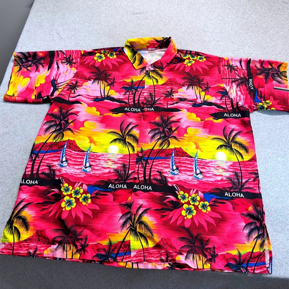 La Leela Hawaiian Aloha Shirt Men's 3XL Pink Tropical Sunset Palm Tree Button Up